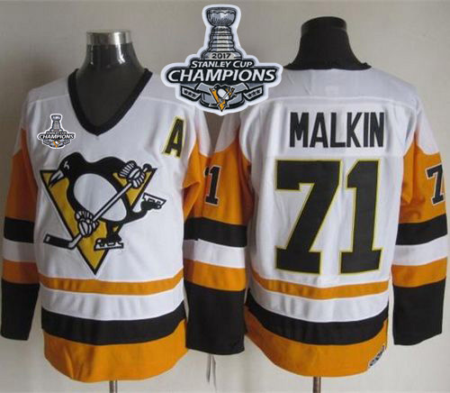 Penguins #71 Evgeni Malkin White/Black CCM Throwback Stanley Cup Finals Champions Stitched NHL Jersey - Click Image to Close